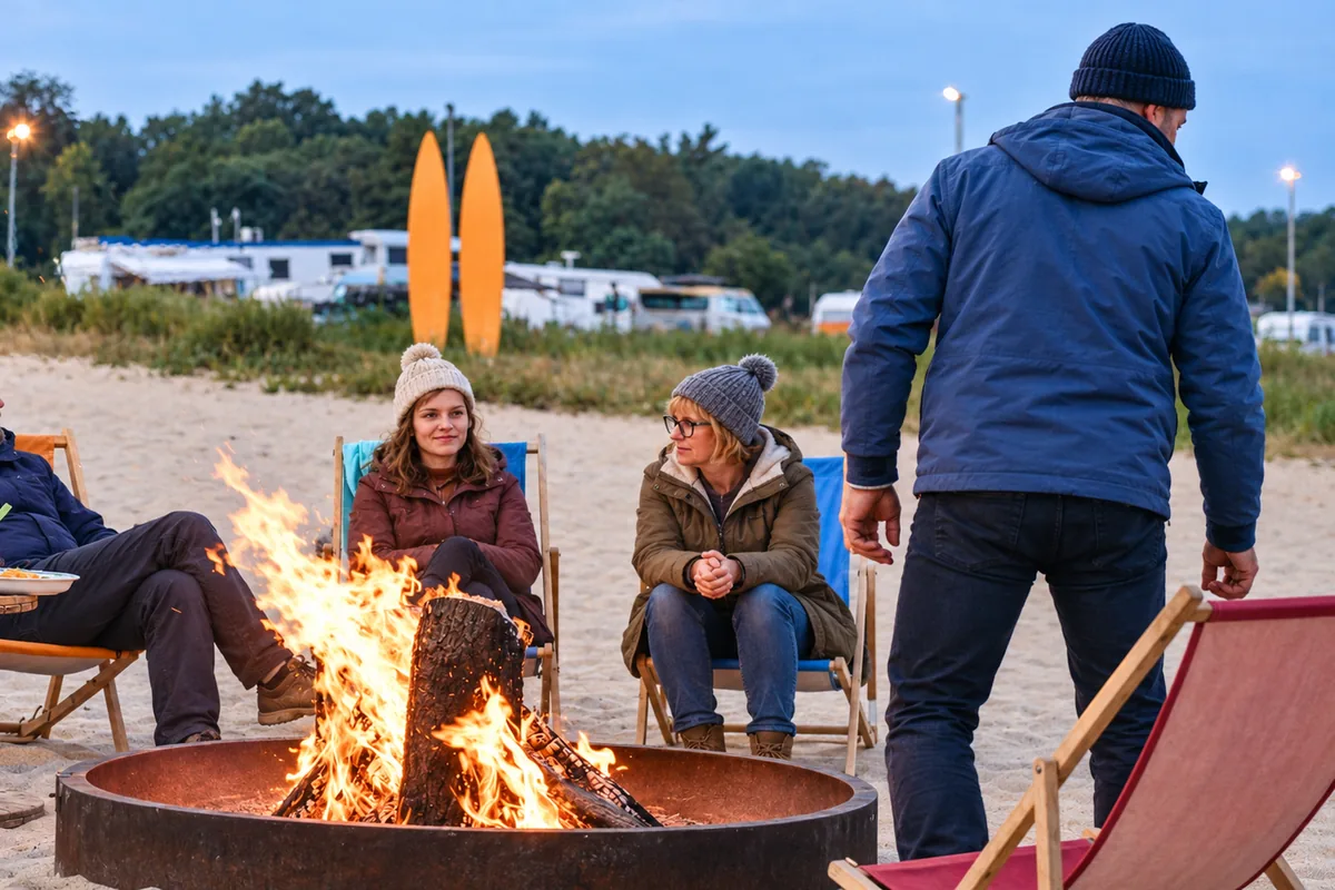 Ognisko nad wodą – Kopalnia Wrocław Znajomi przy ognisku na plaży Kopalni Wrocław w Paniowicach w jesienny wieczór