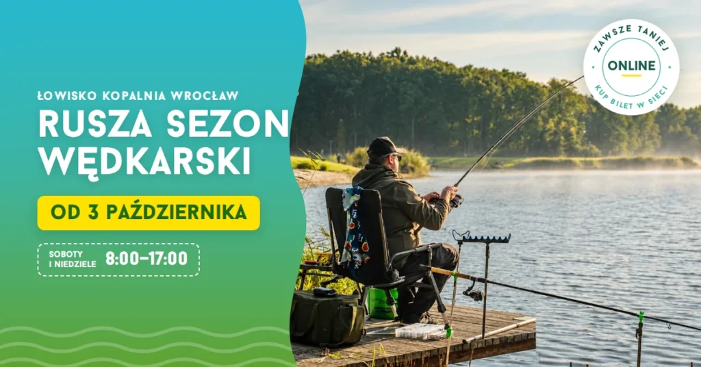 Wędkarz na pomoście łowiska Kopalnia Wrocław – start sezonu wędkarskiego 3 października