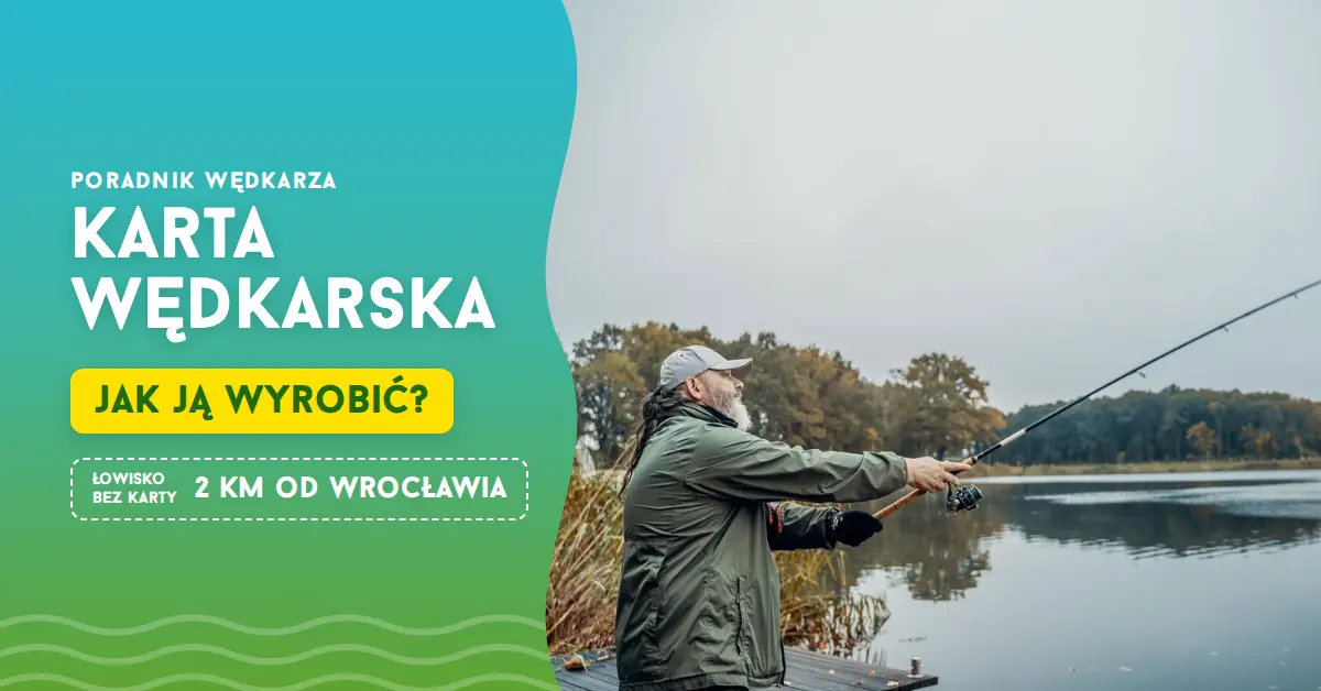 Grafika: Karta wędkarska – jak ją wyrobić? Łowisko bez karty 2 km od Wrocławia. Wędkarz ze spinningiem nad wodą.