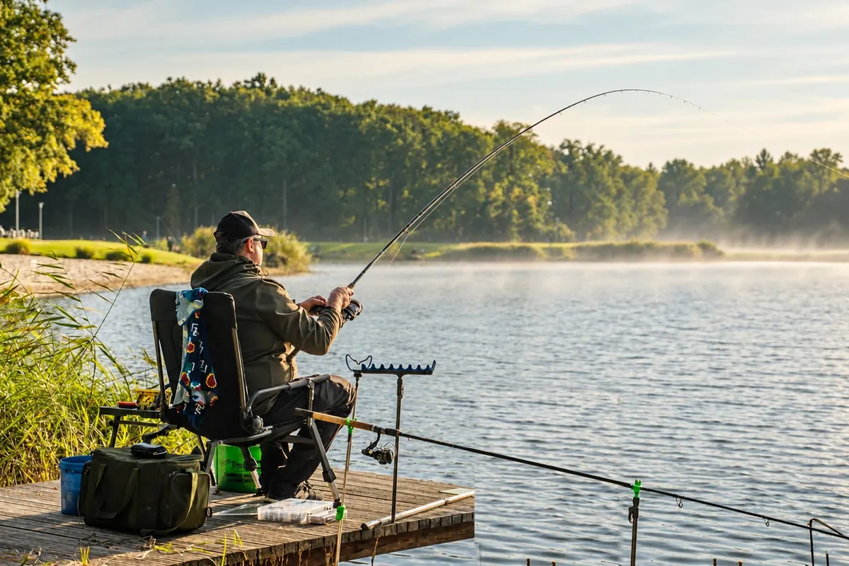 Wędkarz łowiący z pomostu na łowisku Kopalnia Sport Fishing pod Wrocławiem